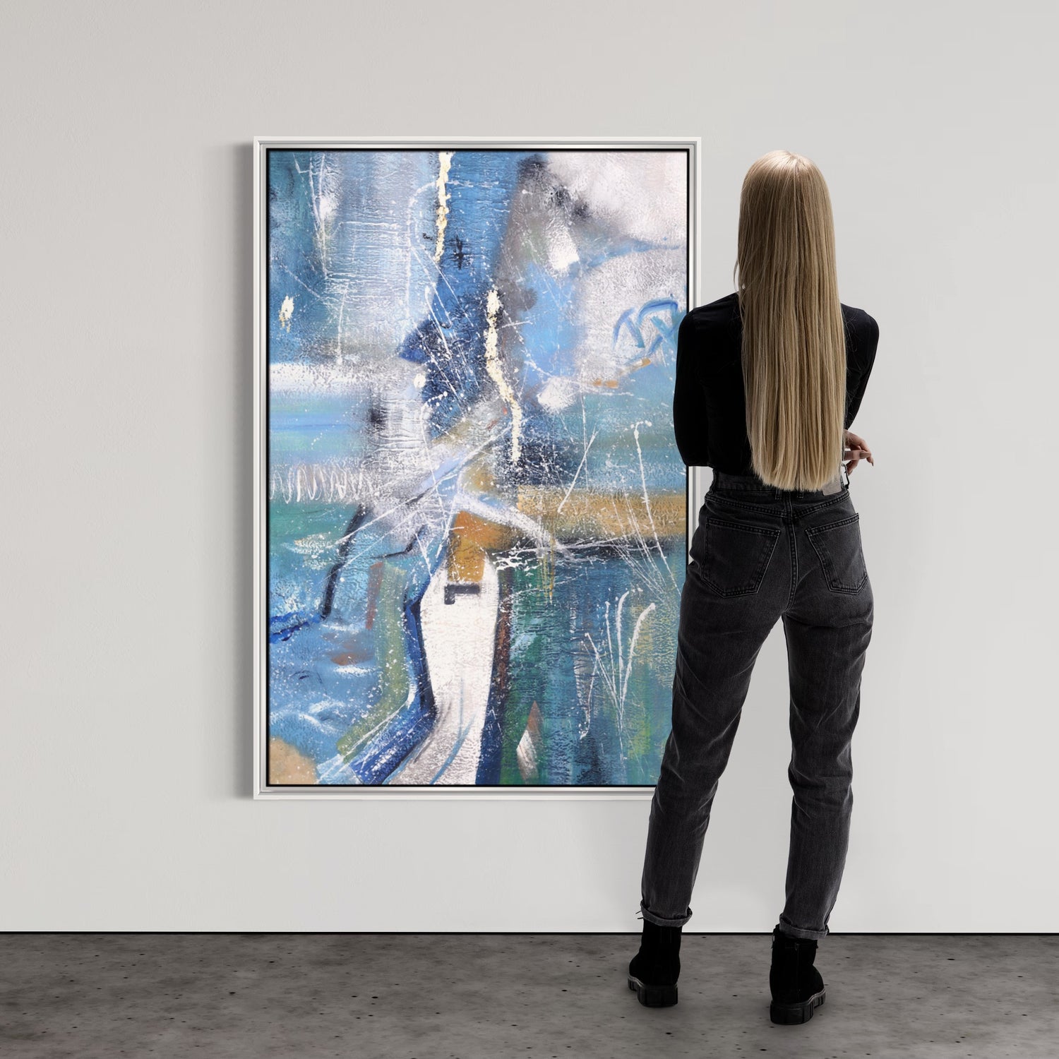 ÓLEO L ABSTRACTO CELESTES Y DORADOS 100X150