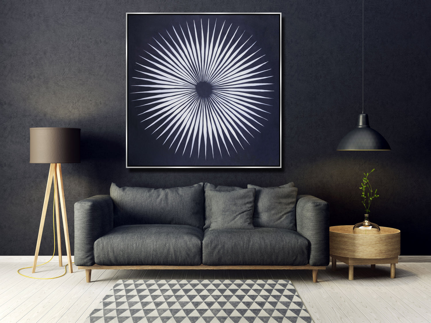 ÓLEO XL FONDO NEGRO SOL CON RAYOS PLATEADOS 150X150