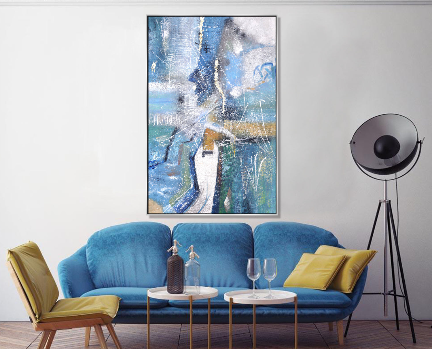 ÓLEO L ABSTRACTO CELESTES Y DORADOS 100X150