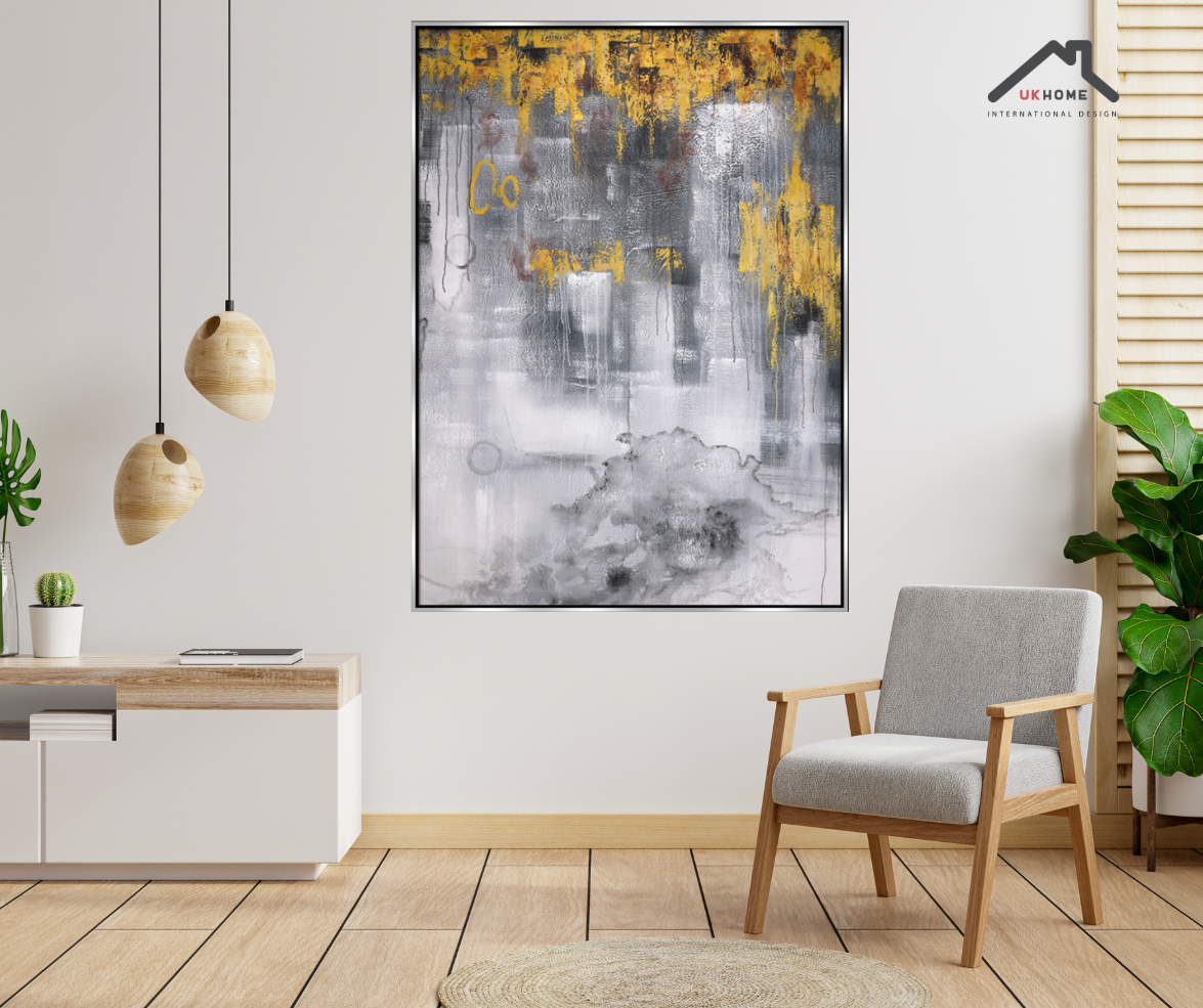 Destellos Dorados: Abstracto 120x160 cm con Marco Plateado