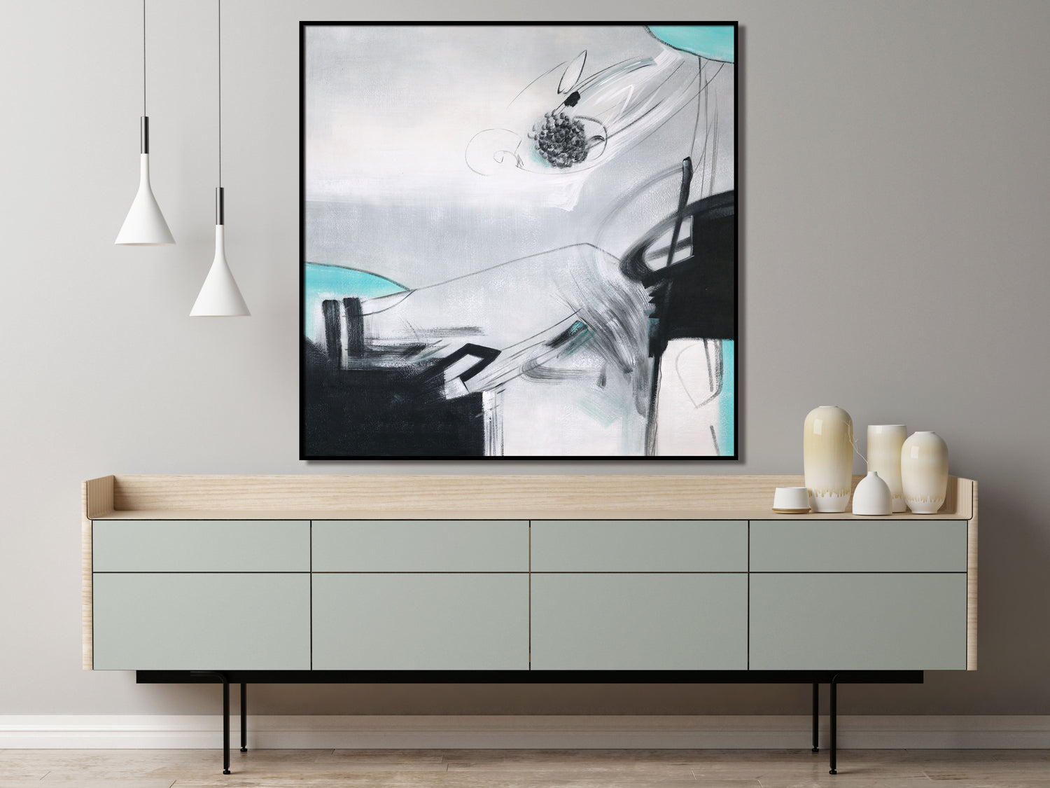 ÓLEO L ABSTRACTO FONDO GRIS TURQUESA 120X120