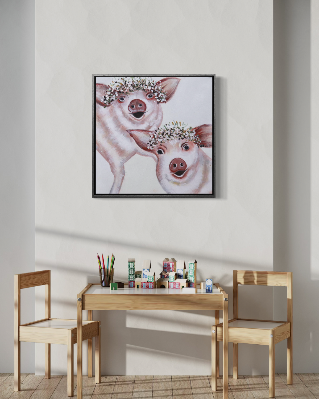 Oleo Chanchitos con corona 60x60
