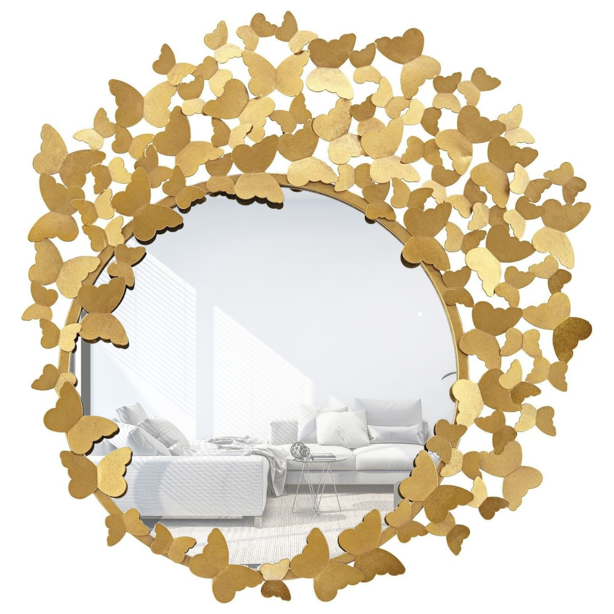 Espejo Redondo Decorativo Dorado con Marco de Mariposas 90×90 cm