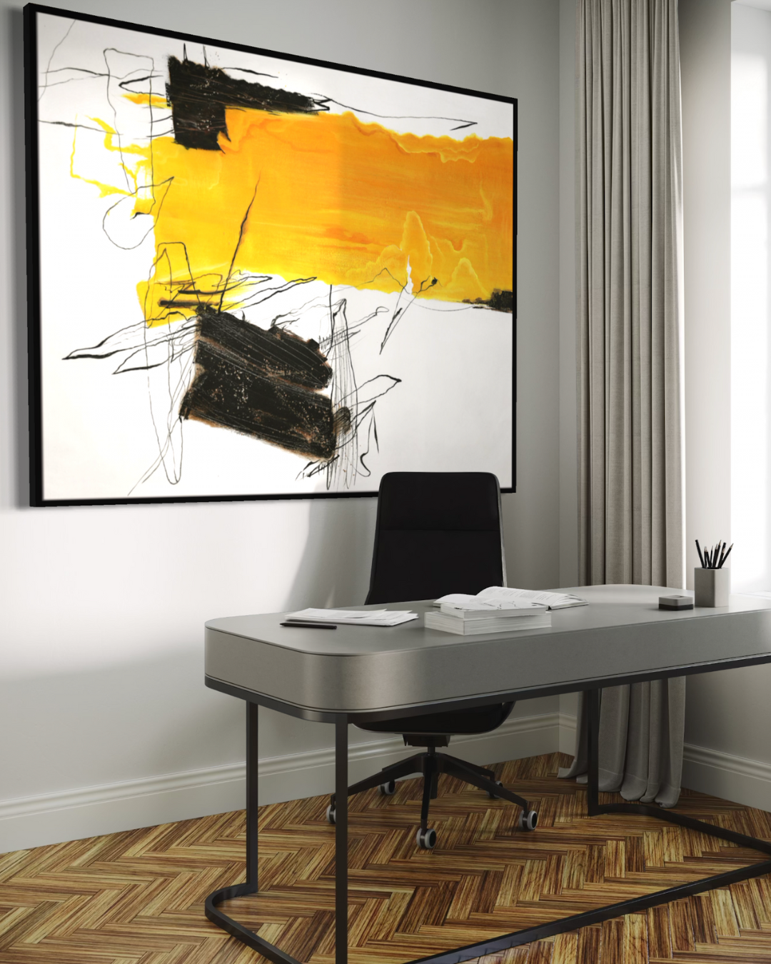 ÓLEO L ABSTRACTO AMARILLO Y NEGRO 120X150