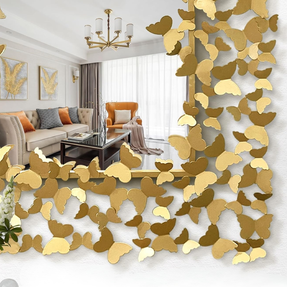 Espejo Decorativo Rectangular 80×120 cm con Marco de Mariposas Doradas