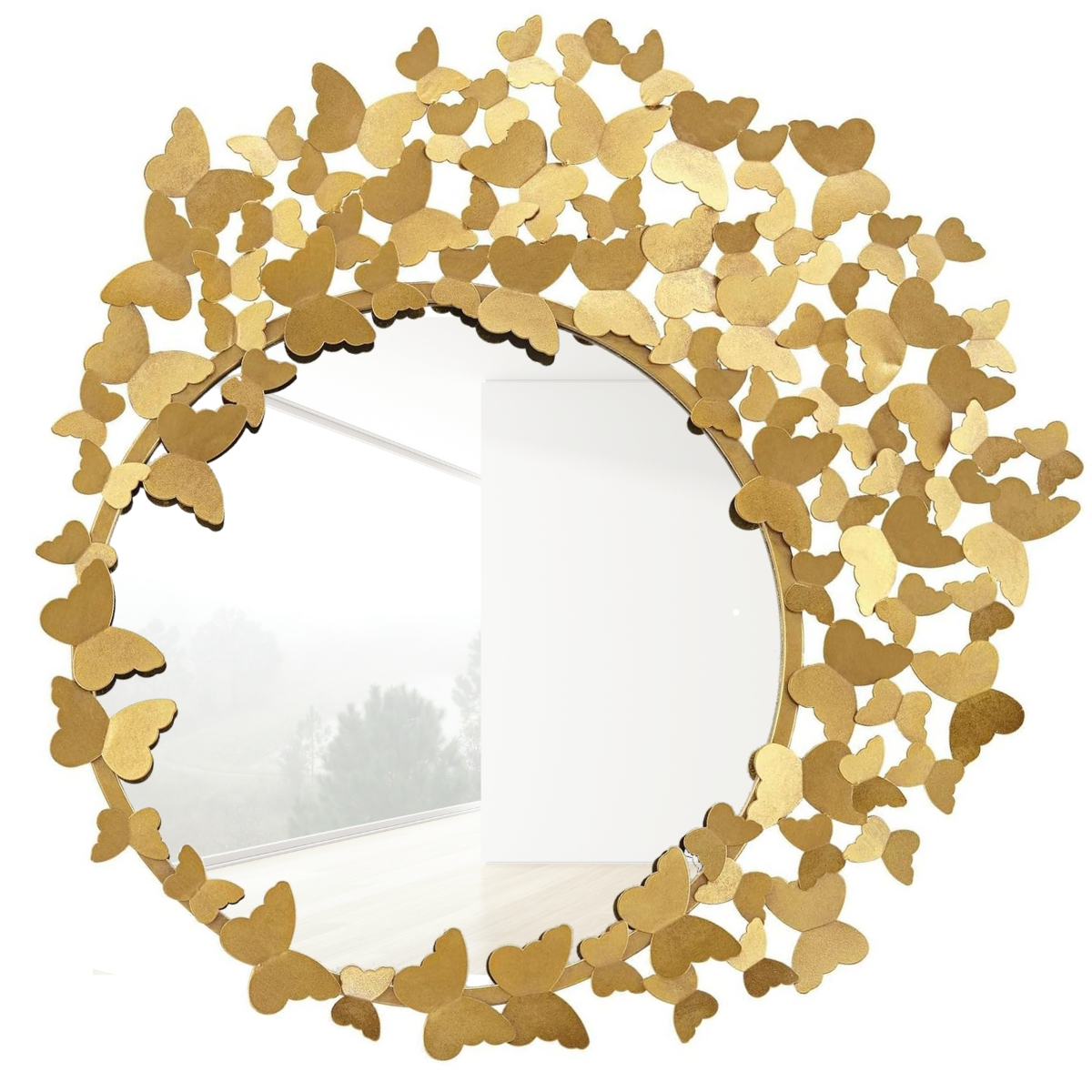 Espejo Redondo Decorativo Dorado con Marco de Mariposas 90×90 cm