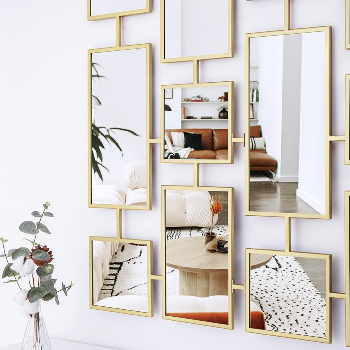 Espejo Decorativo Multiple 80×120 cm Marco Geométrico Dorado