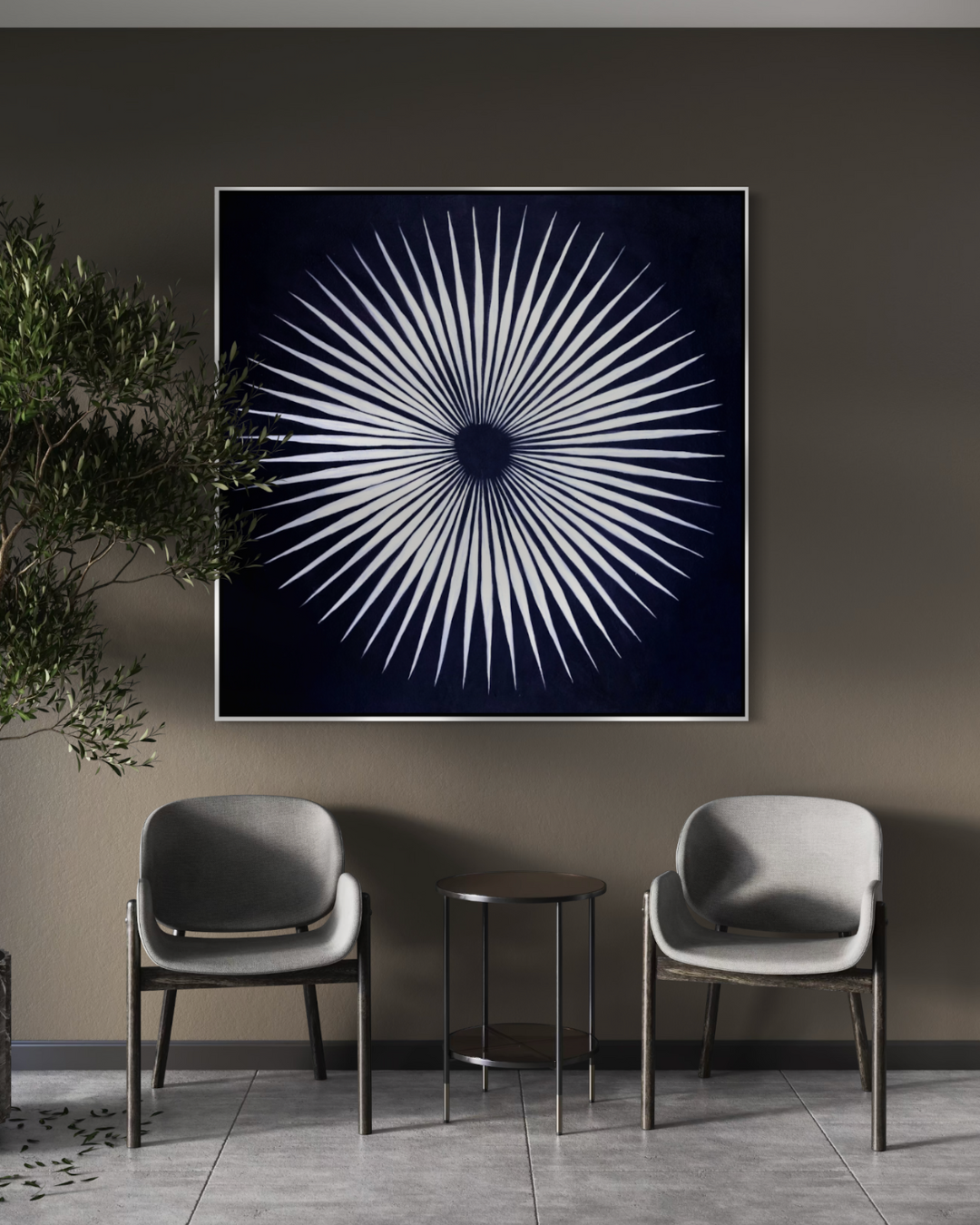 ÓLEO XL FONDO NEGRO SOL CON RAYOS PLATEADOS 150X150