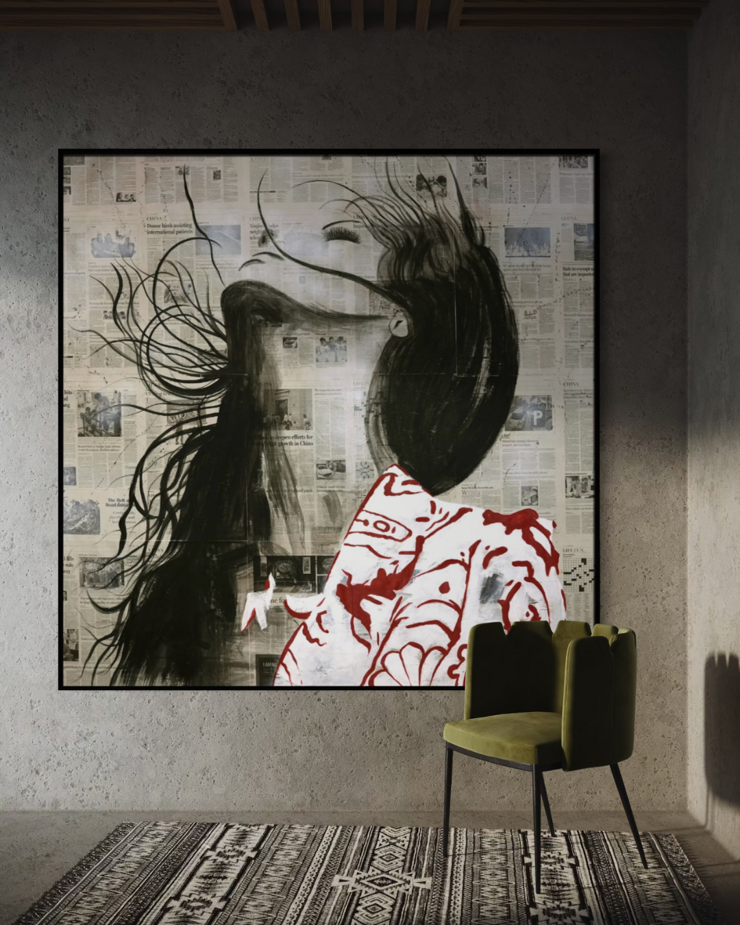 ÓLEO XXL MUJER AGITANDO EL PELO 180X180