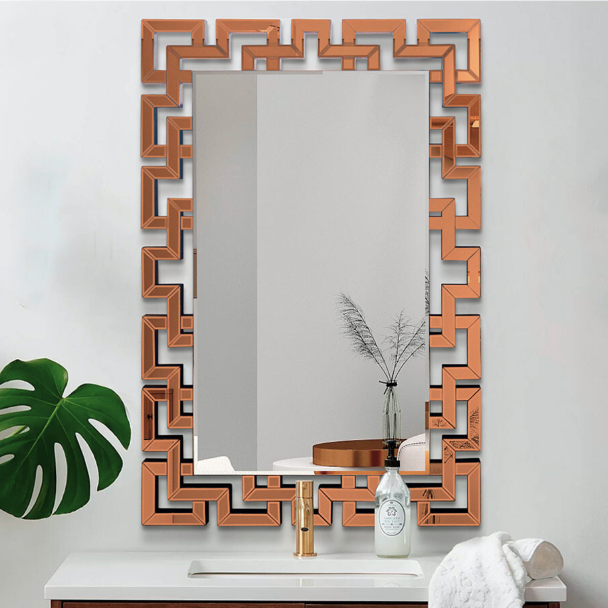 Espejo Rectangular Decorativo 80×120 cm con Marco Geométrico Cobre