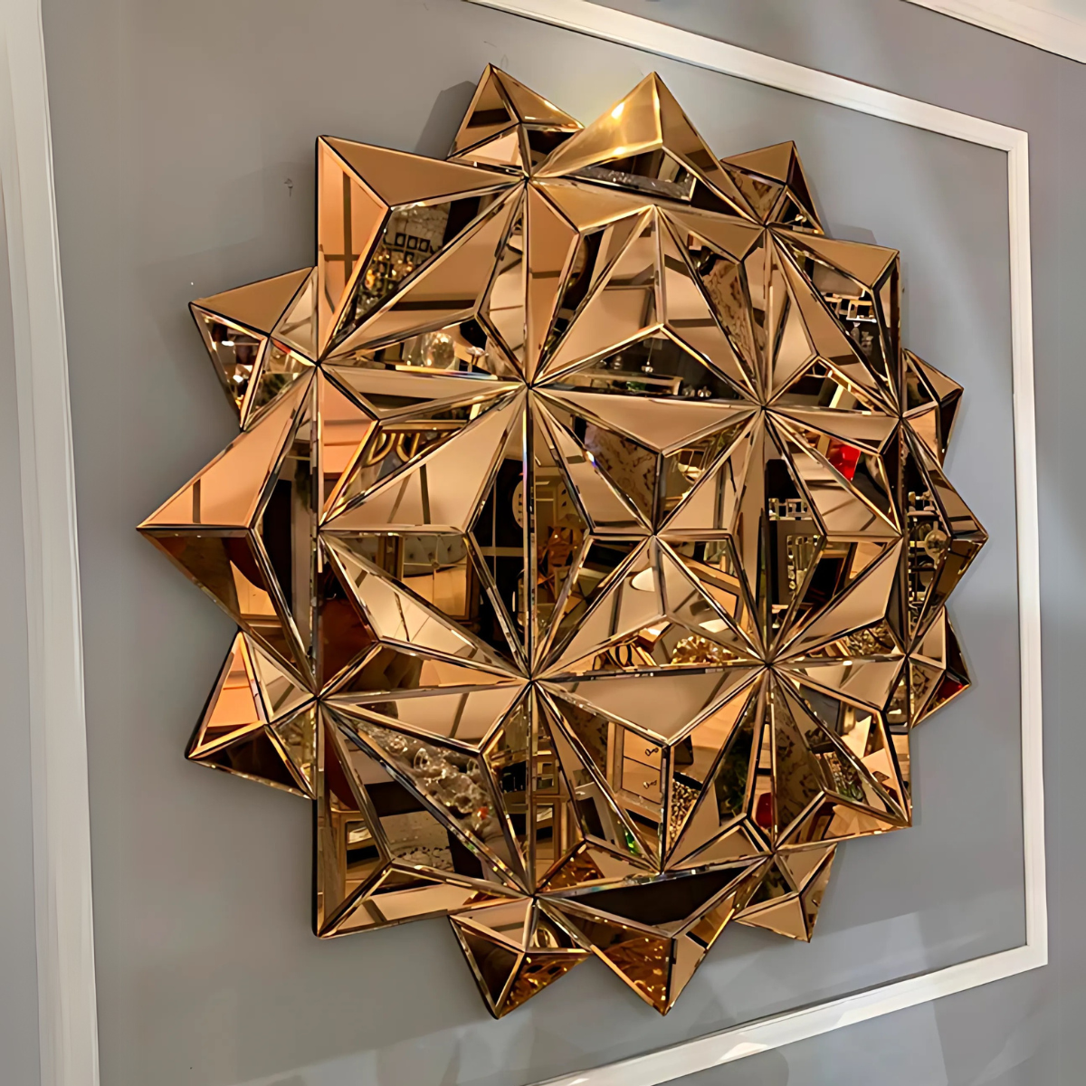 Espejo Decorativo Redondo 90x90 cm Diseño Geométrico de Triángulos Cobre