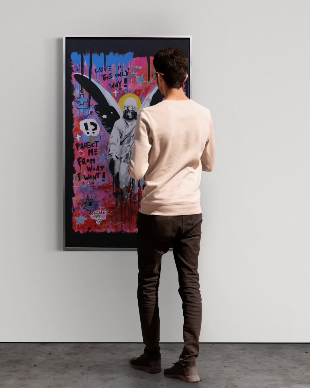 ÓLEO ÁNGEL CON FONDO ABSTRACTO 90X150