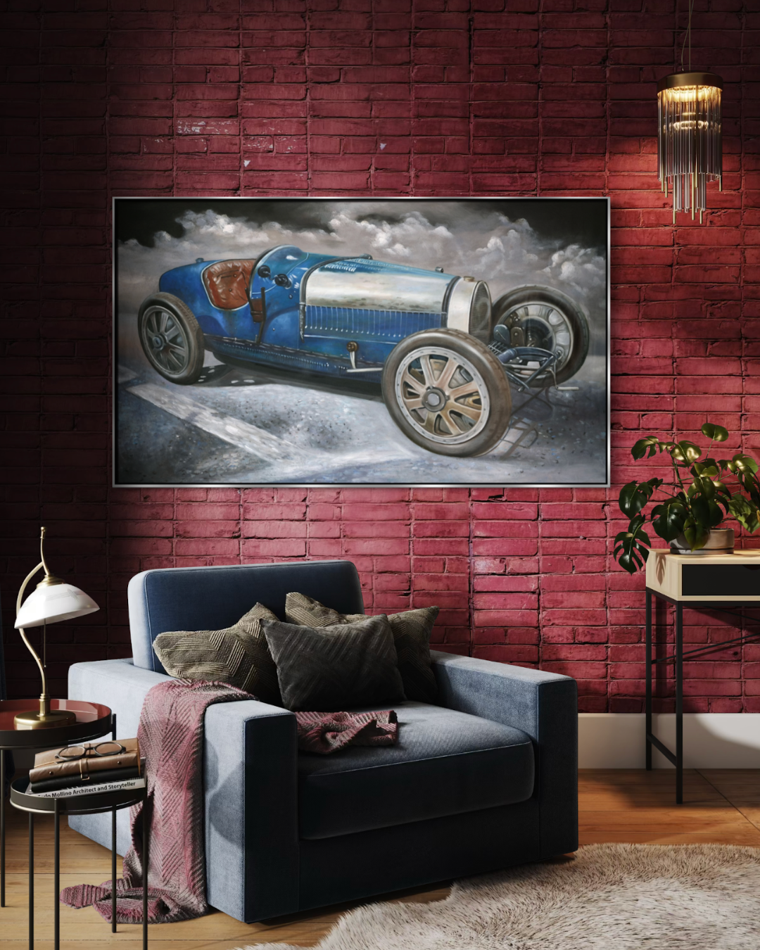 ÓLEO L AUTO CARRERA AZUL VINTAGE 150 X 90