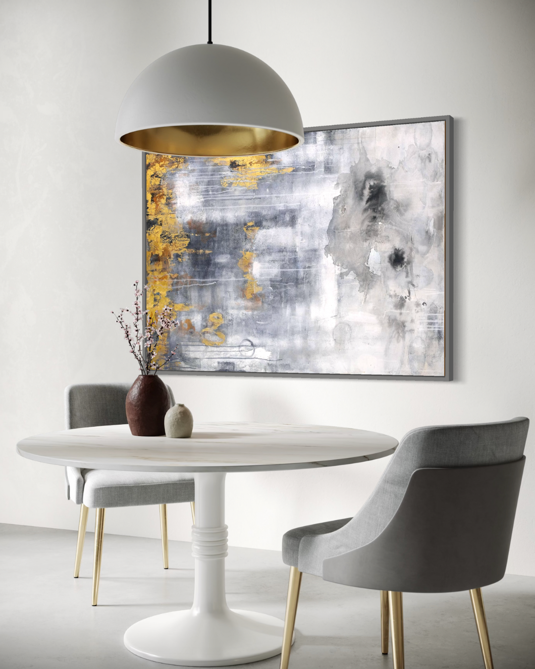 Destellos Dorados: Abstracto 120x160 cm con Marco Plateado