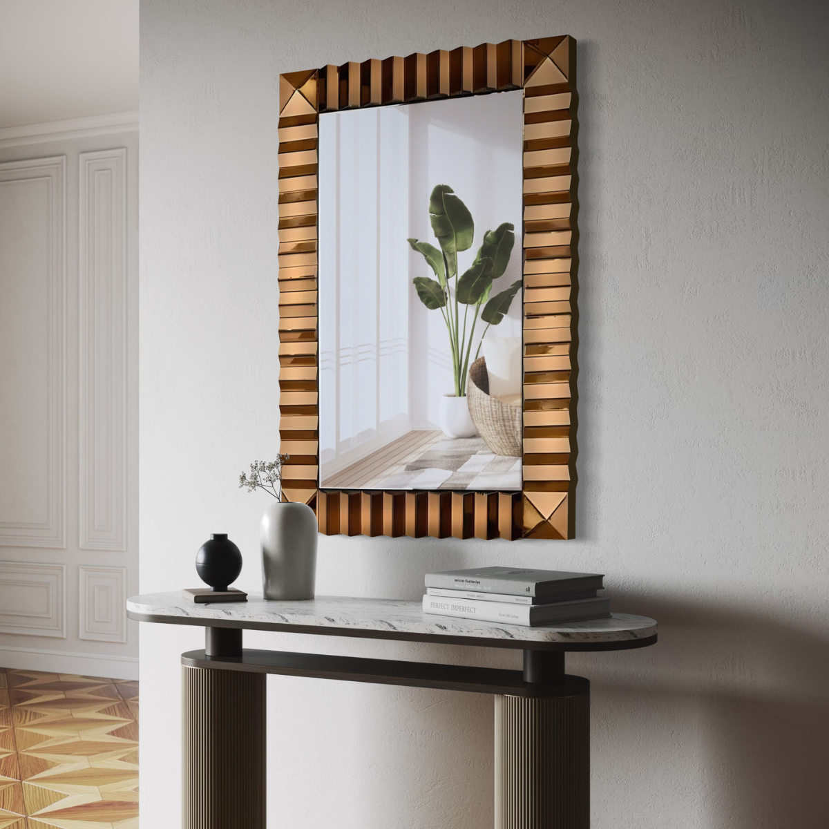 Espejo Decorativo Rectangular 80×120cm Marco Espejado Relieve Cobre