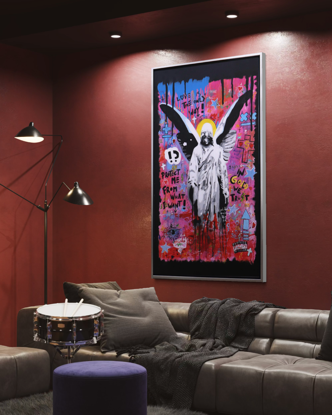 ÓLEO ÁNGEL CON FONDO ABSTRACTO 90X150