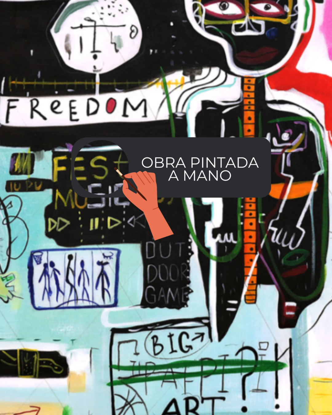 ÓLEO XXL FIGURATIVO CABEZAS Y NOTAS FONDO COLORES 200X100