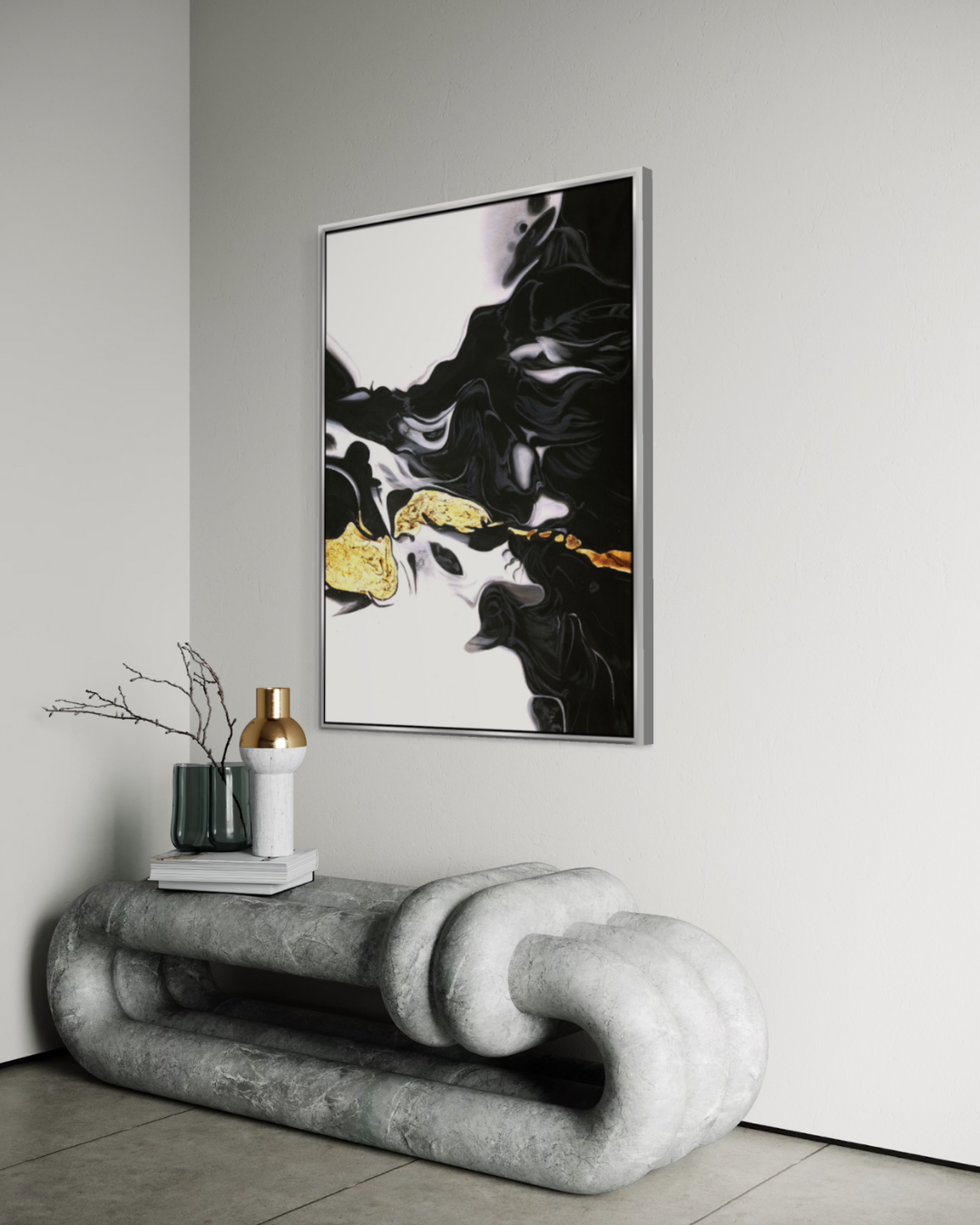 Fusión Dorada: Arte Abstracto en Blanco y Negro 120X90