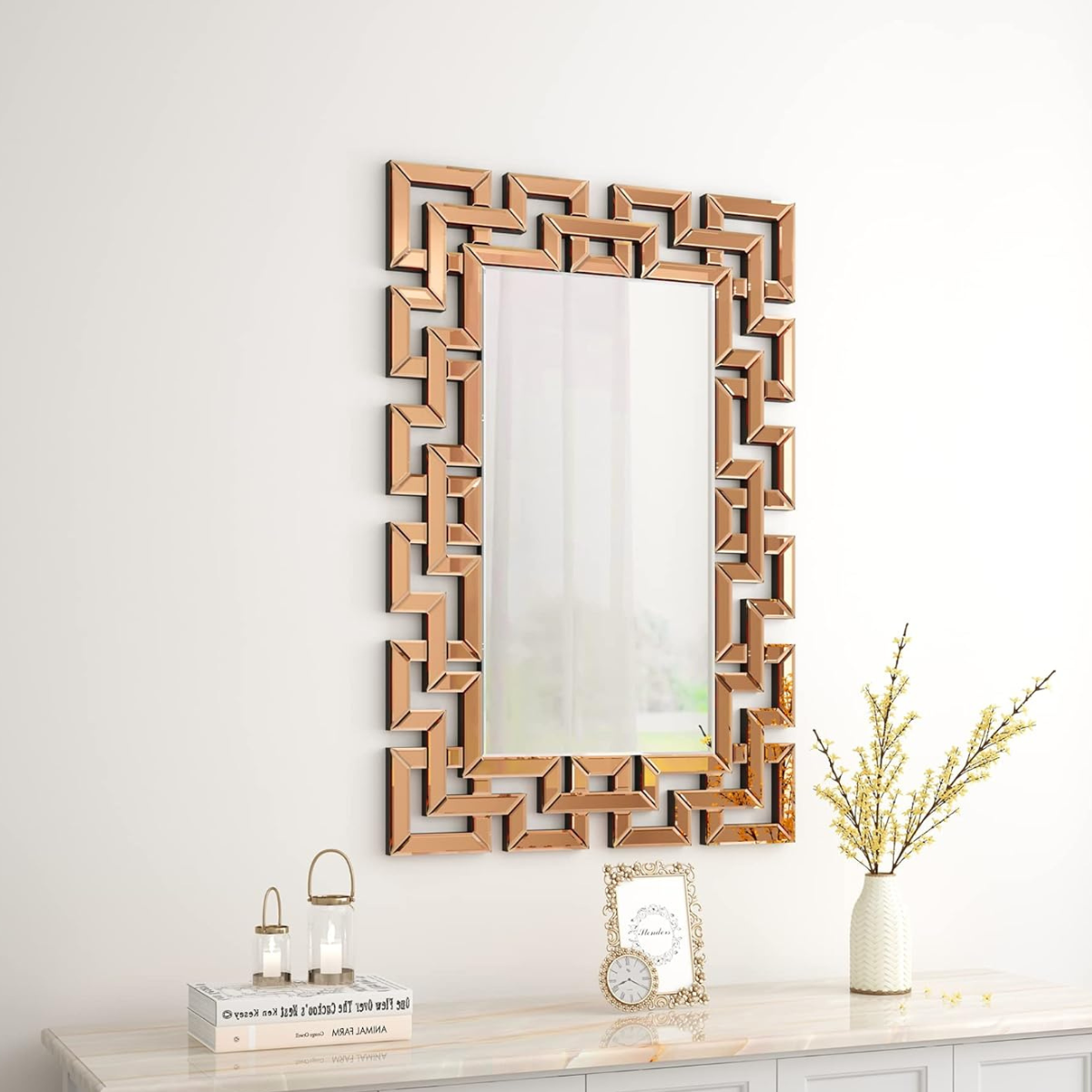 Espejo Rectangular Decorativo 80×120 cm con Marco Geométrico Cobre
