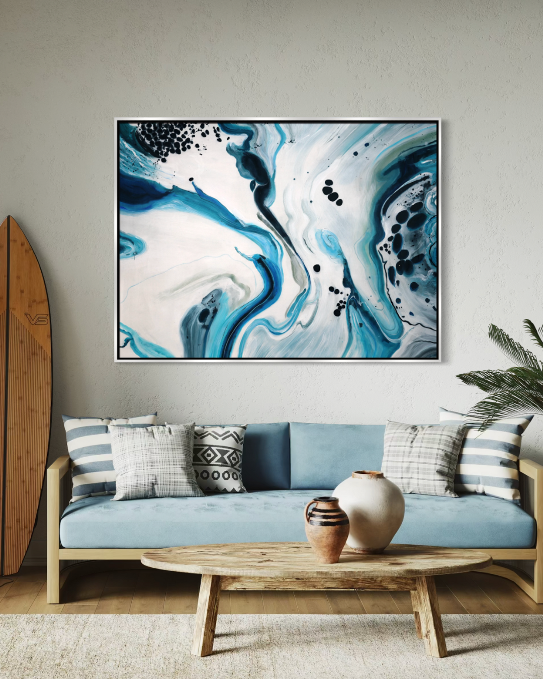 ÓLEO XL ABSTRACTO NEGRO Y CELESTE 120X160