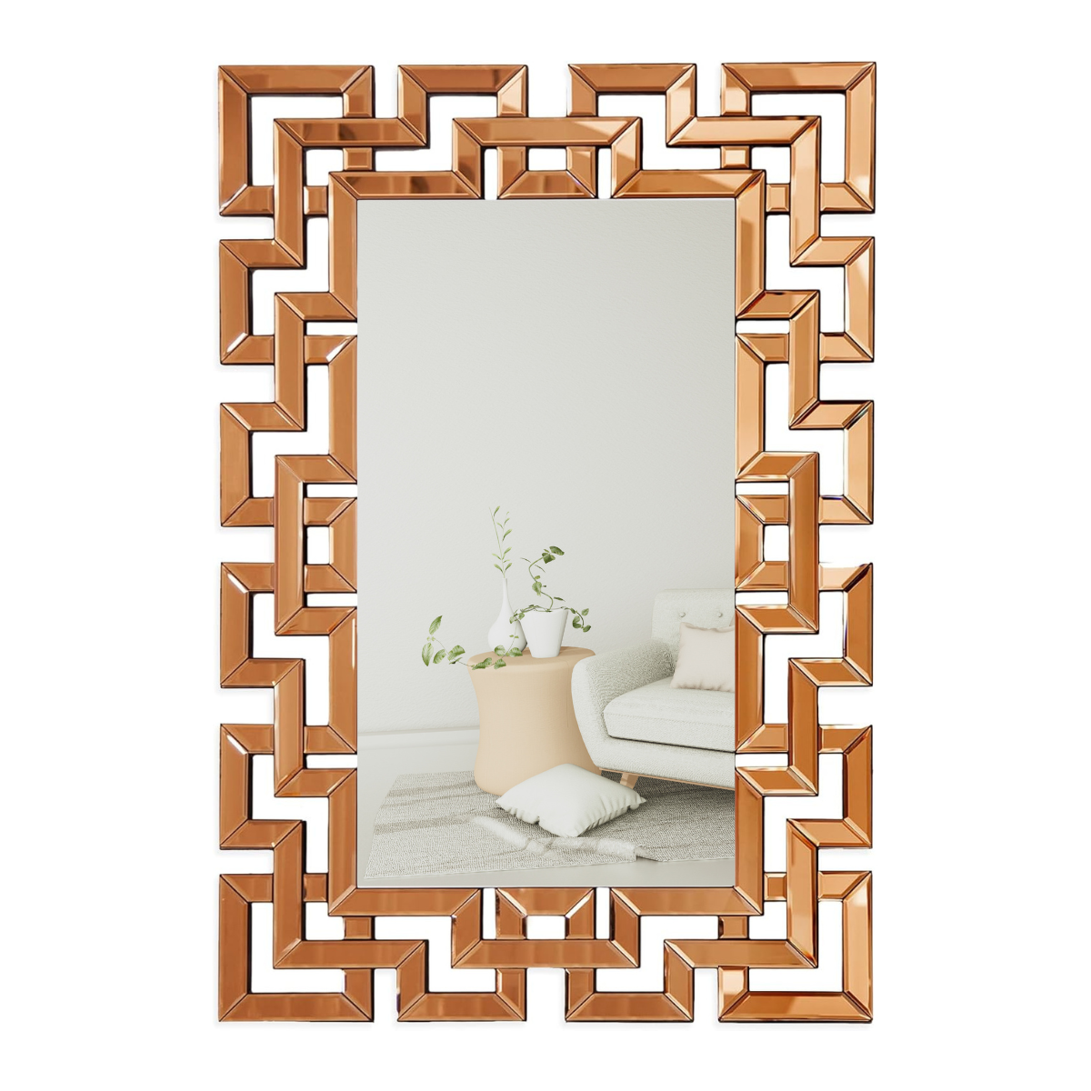 Espejo Rectangular Decorativo 80×120 cm con Marco Geométrico Cobre