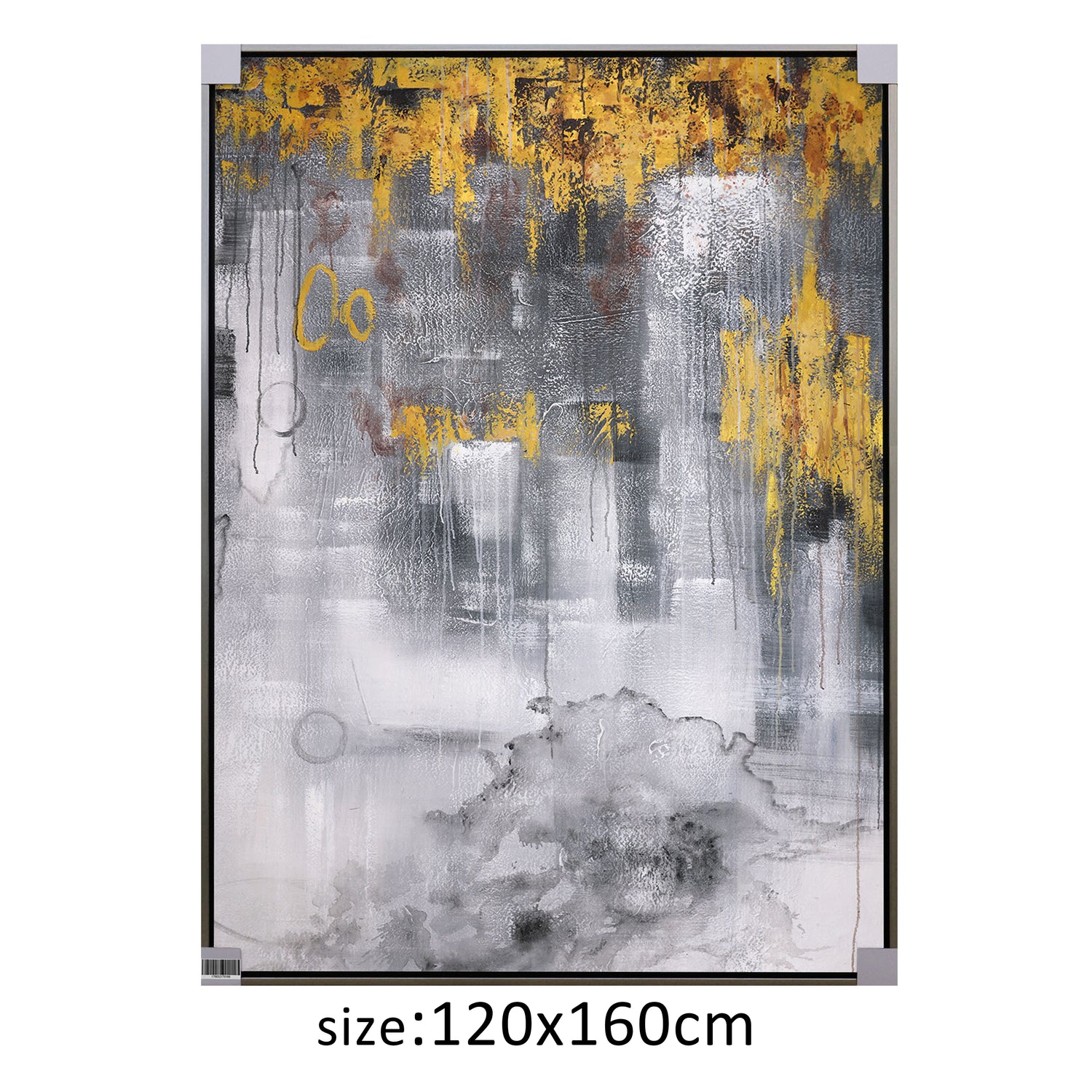 Destellos Dorados: Abstracto 120x160 cm con Marco Plateado
