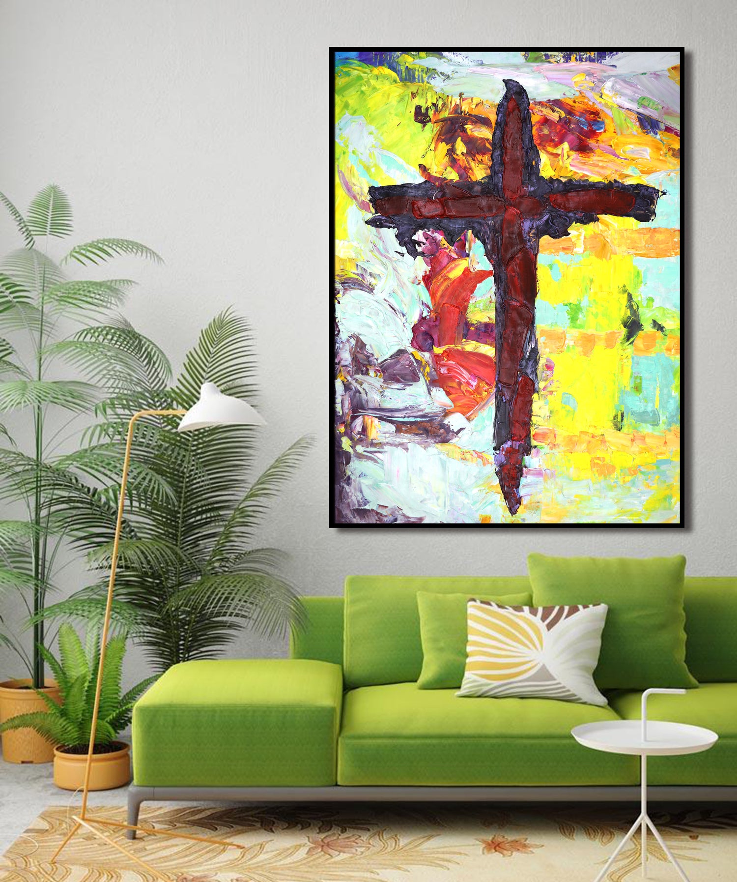 ÓLEO XL FONDO AMARILLO CRUZ CON RELIEVE 120X160
