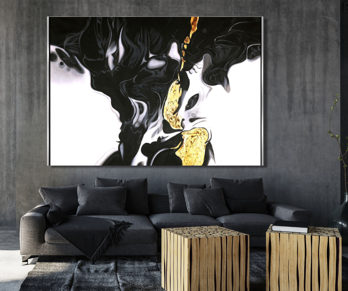 Fusión Dorada: Arte Abstracto en Blanco y Negro 120X90