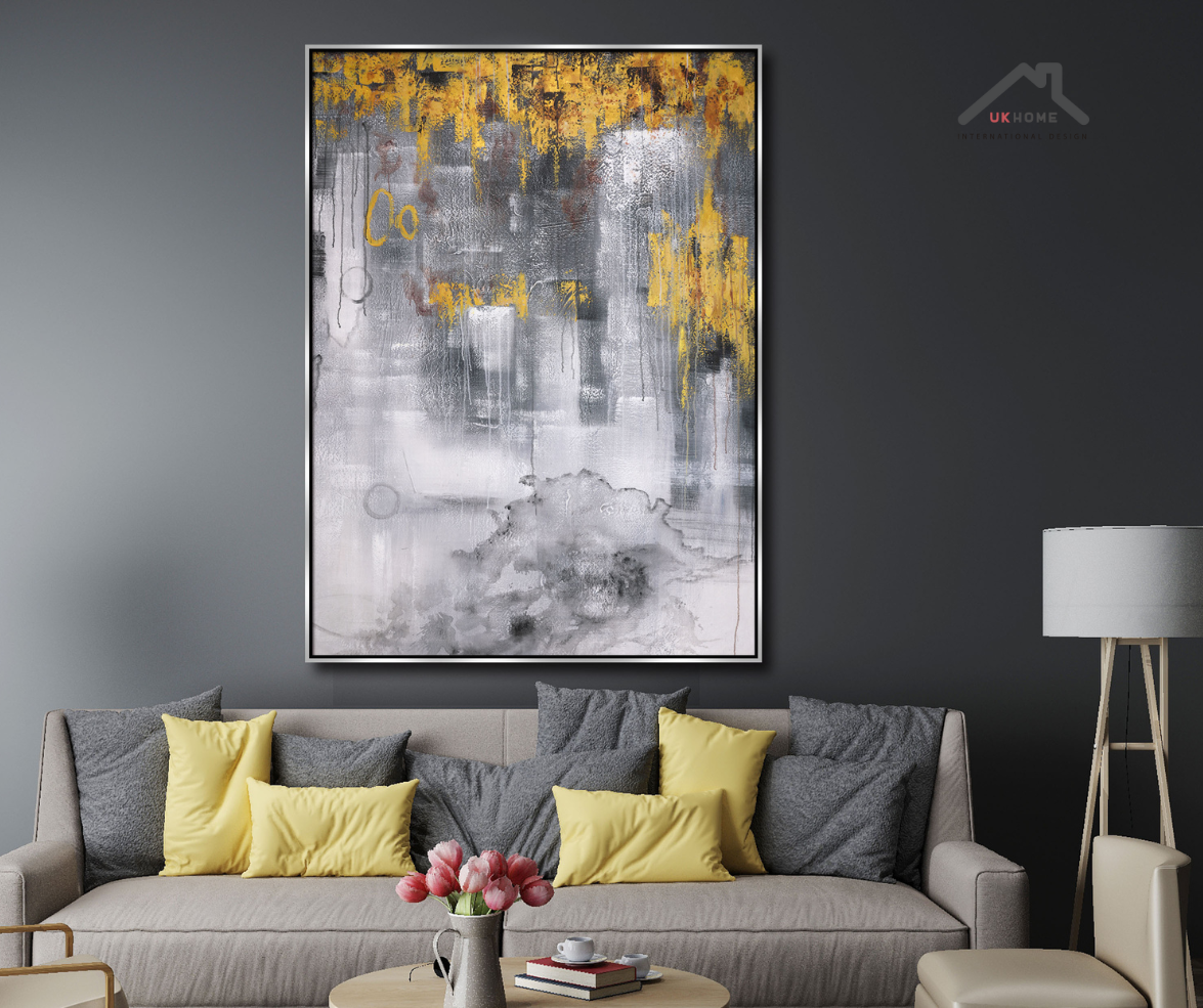 Destellos Dorados: Abstracto 120x160 cm con Marco Plateado