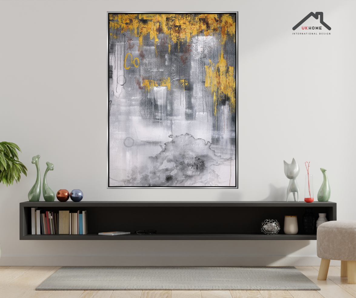 Destellos Dorados: Abstracto 120x160 cm con Marco Plateado