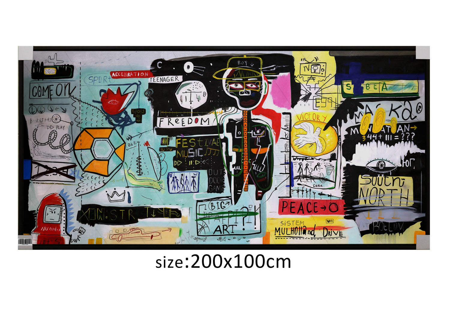 ÓLEO XXL FIGURATIVO CABEZAS Y NOTAS FONDO COLORES 200X100