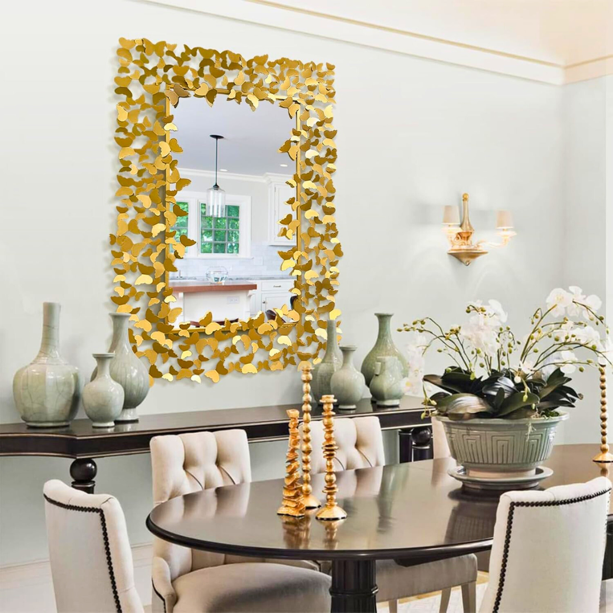 Espejo Decorativo Rectangular 80×120 cm con Marco de Mariposas Doradas