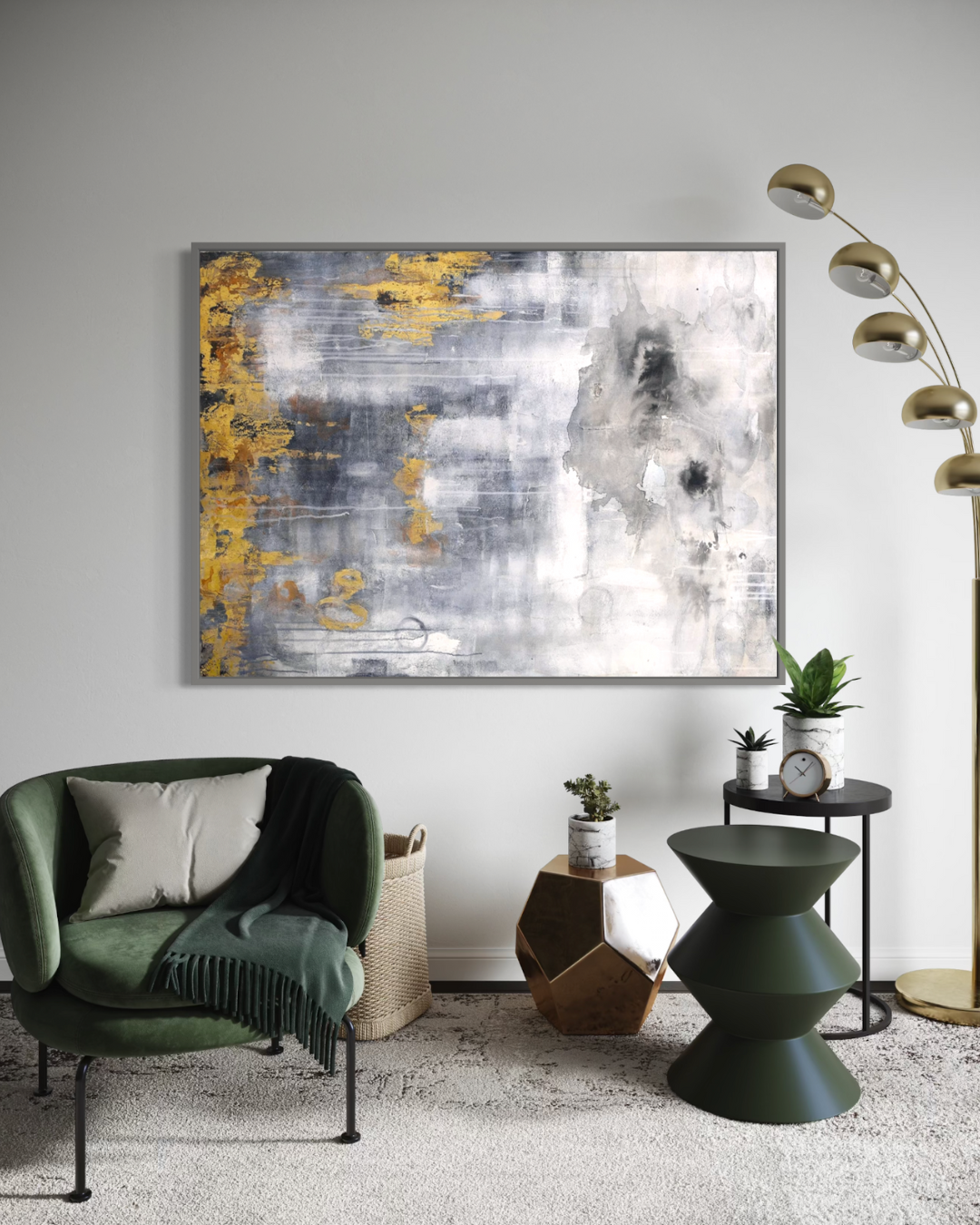 Destellos Dorados: Abstracto 120x160 cm con Marco Plateado