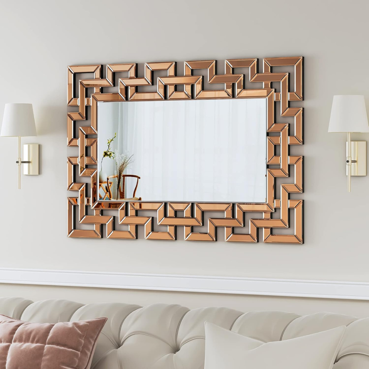 Espejo Rectangular Decorativo 80×120 cm con Marco Geométrico Cobre