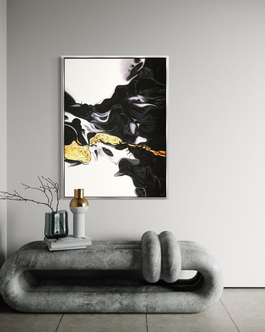 Fusión Dorada: Arte Abstracto en Blanco y Negro 120X90