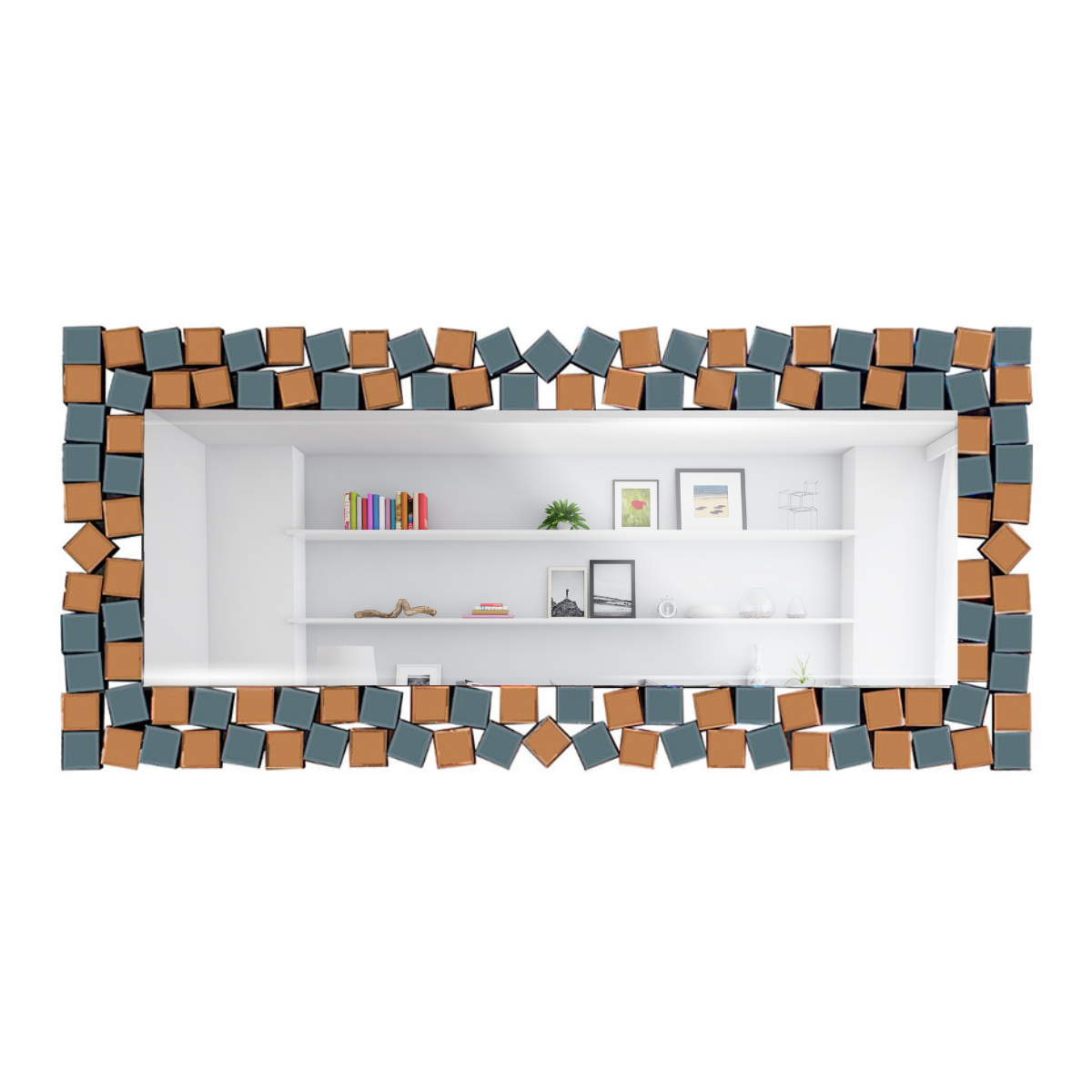 Espejo Decorativo Rectangular Marco Geométrico Bicolor Cobre Plata 80×180 cm