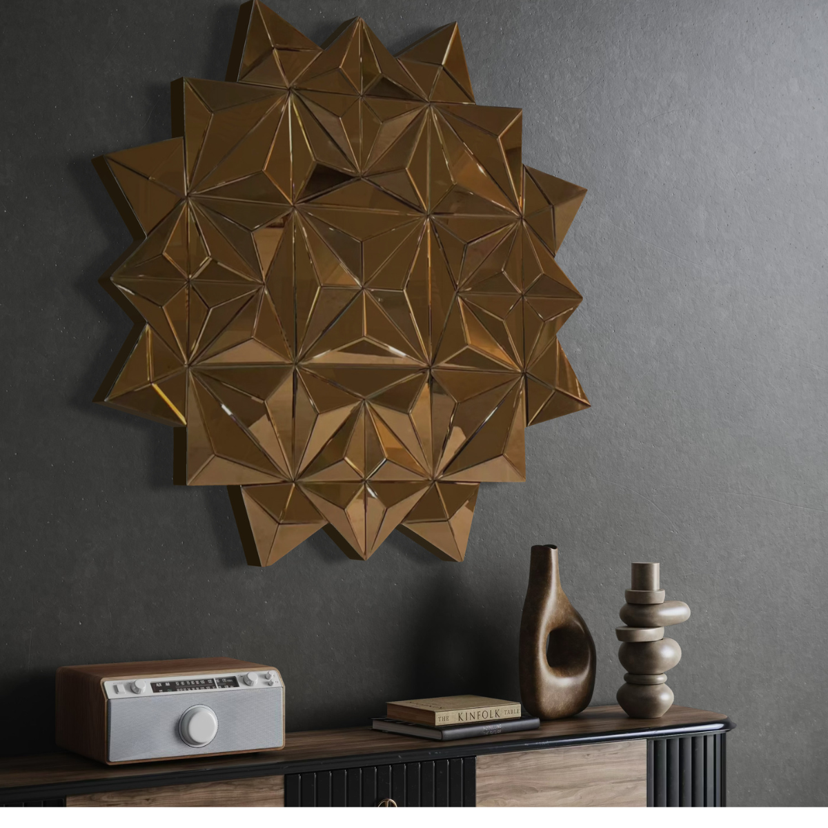 Espejo Decorativo Redondo 90x90 cm Diseño Geométrico de Triángulos Cobre