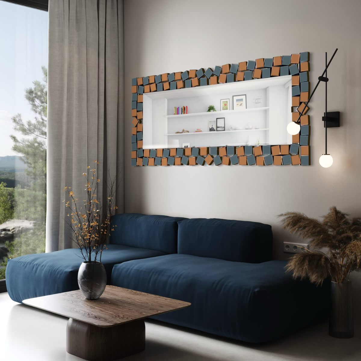 Espejo Decorativo Rectangular Marco Geométrico Bicolor Cobre Plata 80×180 cm