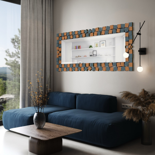Espejo Decorativo Rectangular Marco Geométrico Bicolor Cobre Plata 80×180 cm - imagen 2