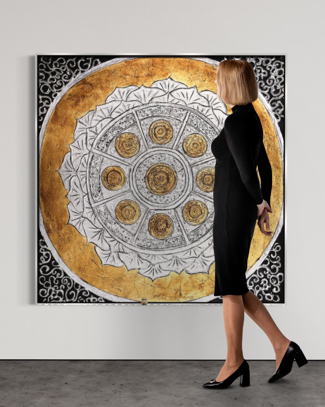 ÓLEO XL FIGURATIVO SÍMBOLOS DORADOS Y BLANCOS 150X150