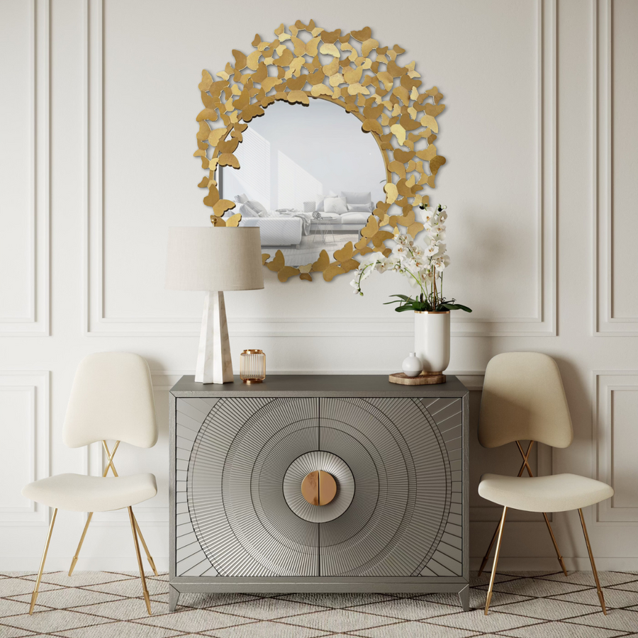 Espejo Redondo Decorativo Dorado con Marco de Mariposas 90×90 cm