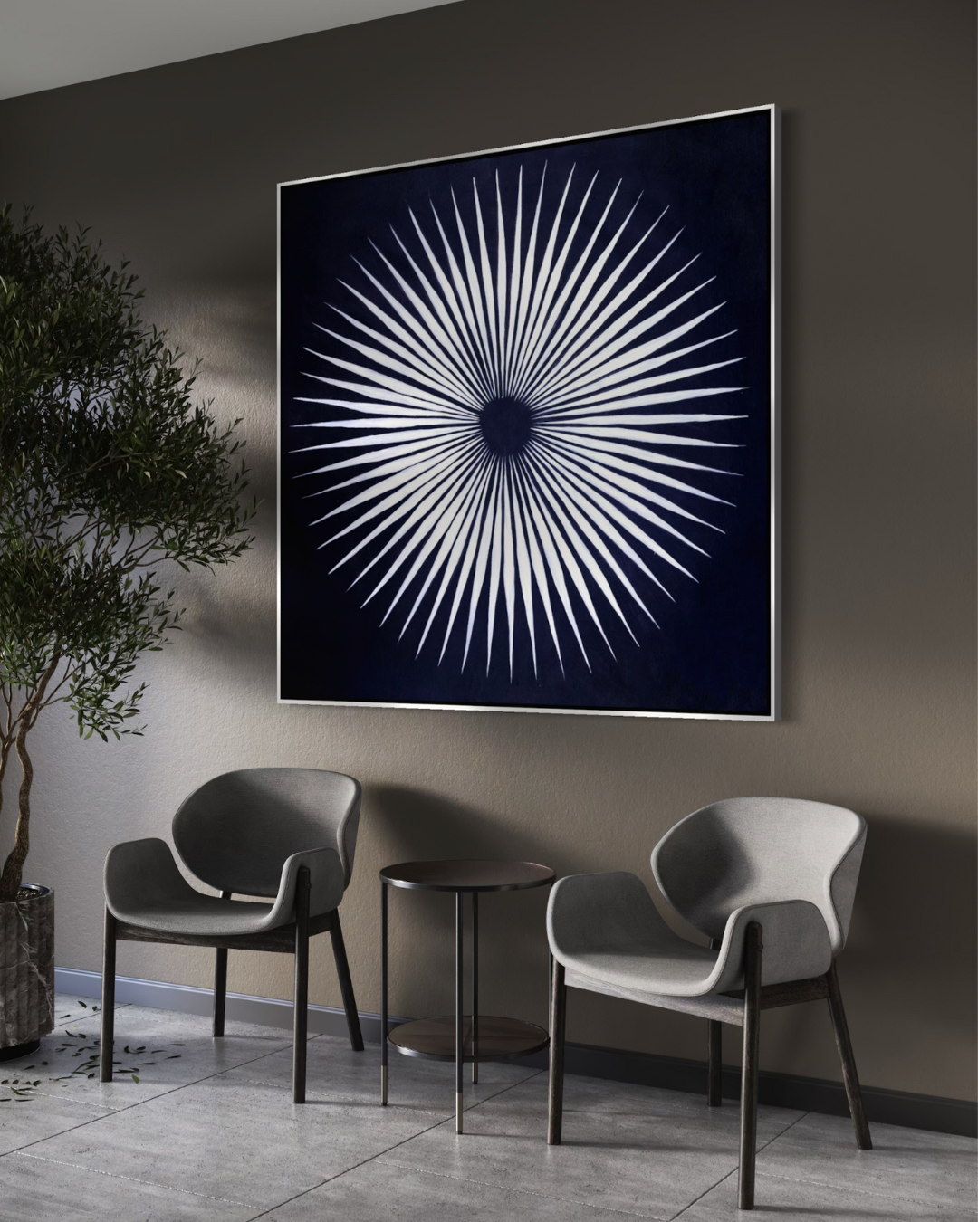 ÓLEO XL FONDO NEGRO SOL CON RAYOS PLATEADOS 150X150