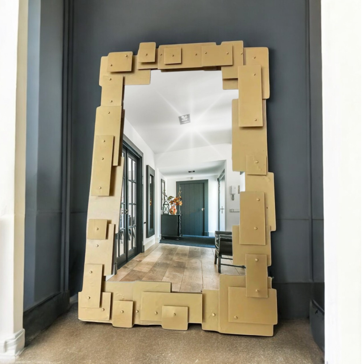 Espejo Decorativo Rectangular 80×120 cm con Marco de Cuadrados Metálicos Dorados