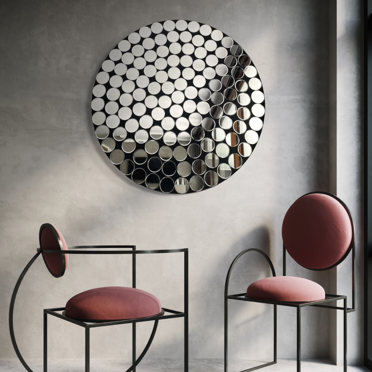 Espejo Redondo Decorativo 90×90 cm con Diseño de Círculos Espejados