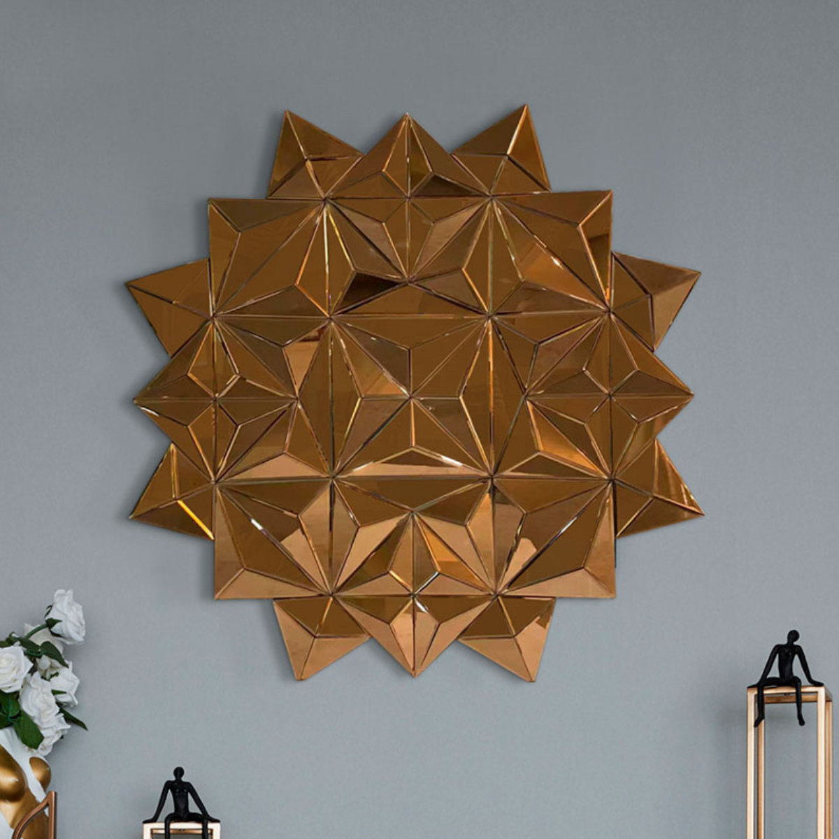 Espejo Decorativo Redondo 90x90 cm Diseño Geométrico de Triángulos Cobre