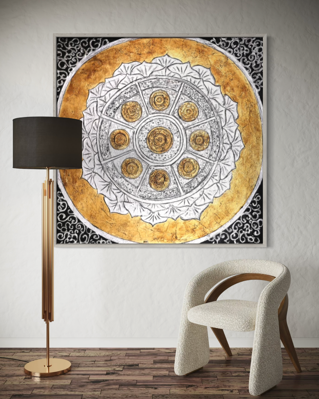ÓLEO XL FIGURATIVO SÍMBOLOS DORADOS Y BLANCOS 150X150