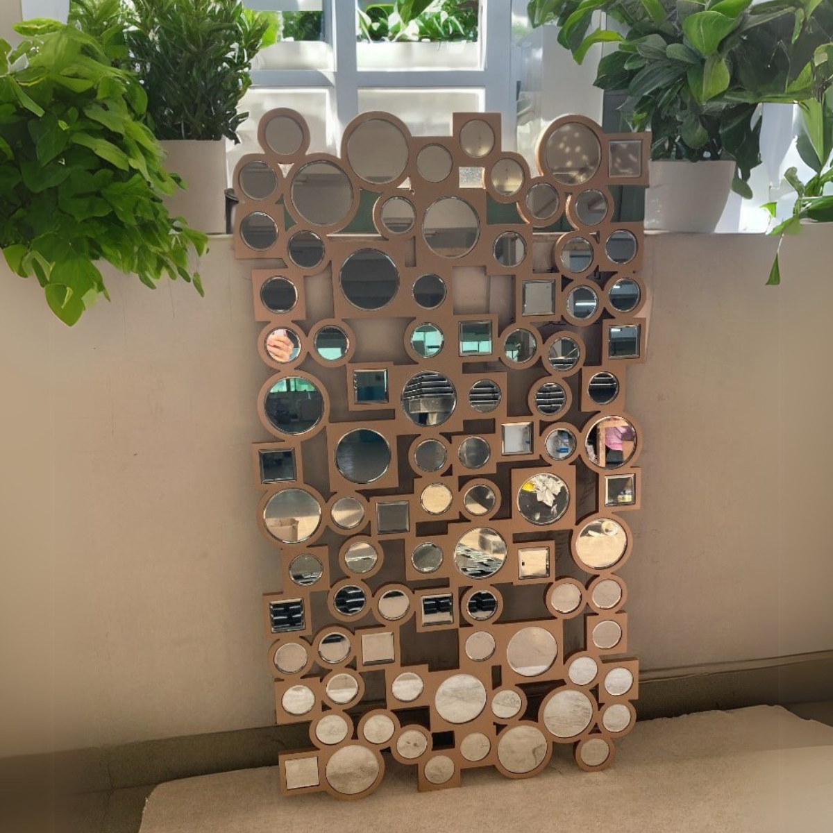 Espejo Decorativo Cobre  80×120 cm con Círculos y Cuadrados Espejados