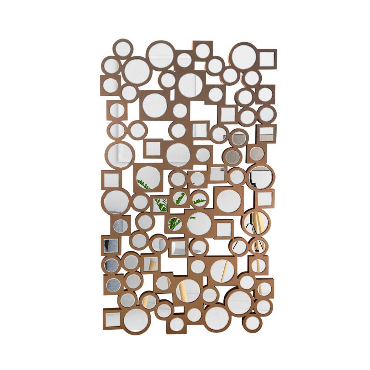 Espejo Decorativo Cobre  80×120 cm con Círculos y Cuadrados Espejados