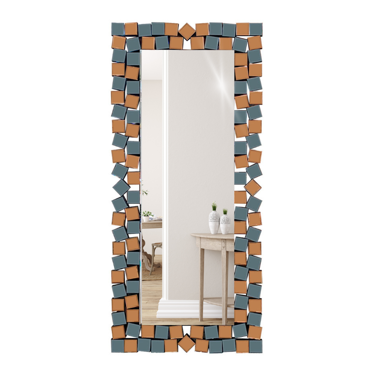 Espejo Decorativo Rectangular Marco Geométrico Bicolor Cobre Plata 80×180 cm