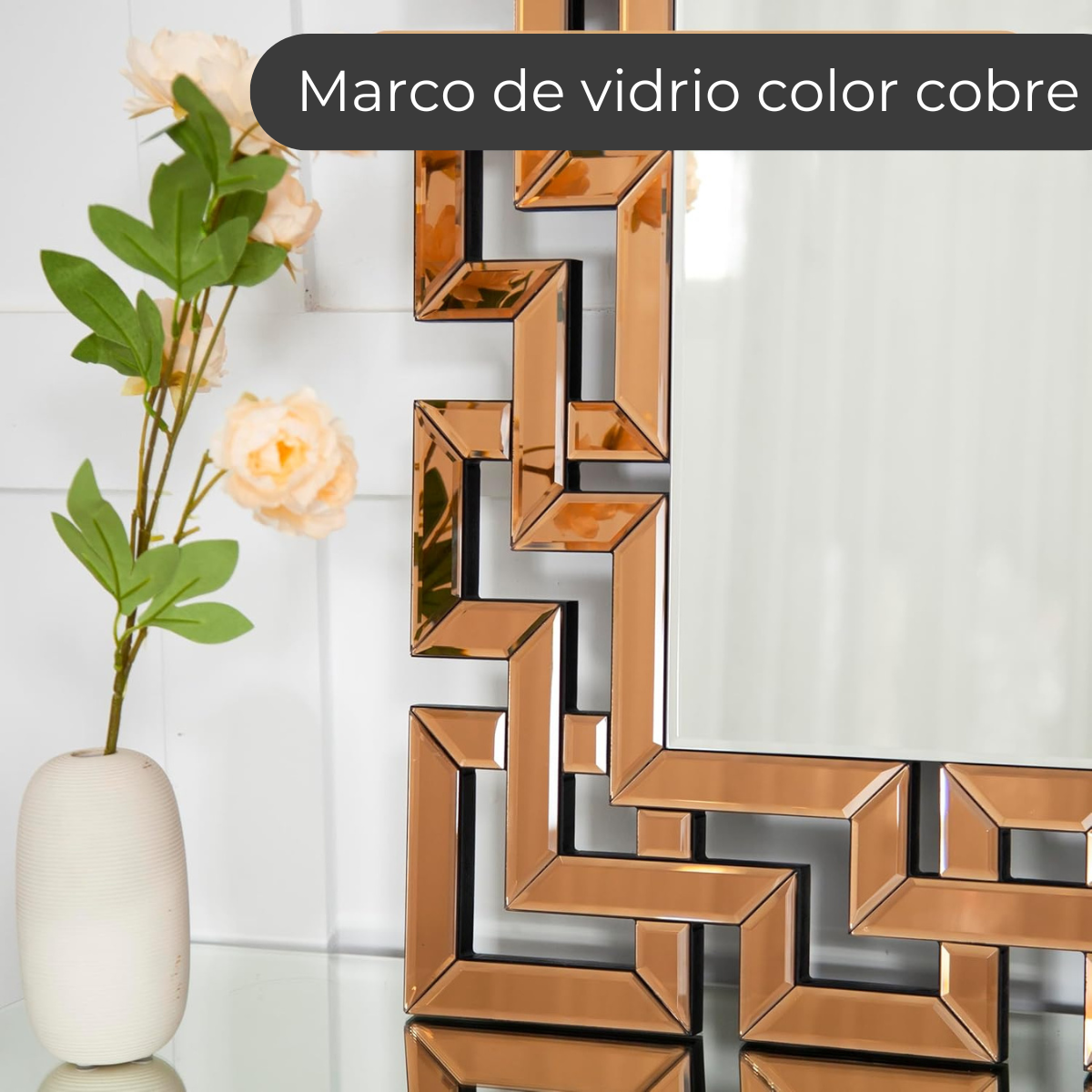 Espejo Rectangular Decorativo 80×120 cm con Marco Geométrico Cobre